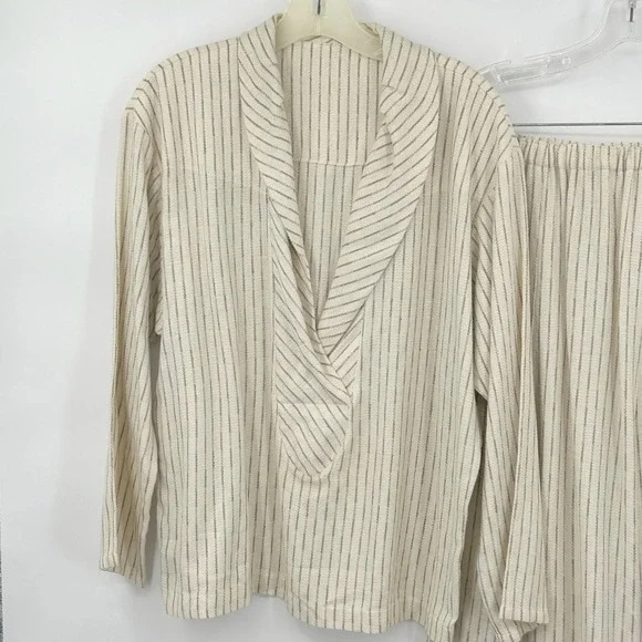 Vintage 80s Cotton Blend Midi Skirt Set M Cream Stripe Draped Collar Top Coastal - Picture 3 of 12